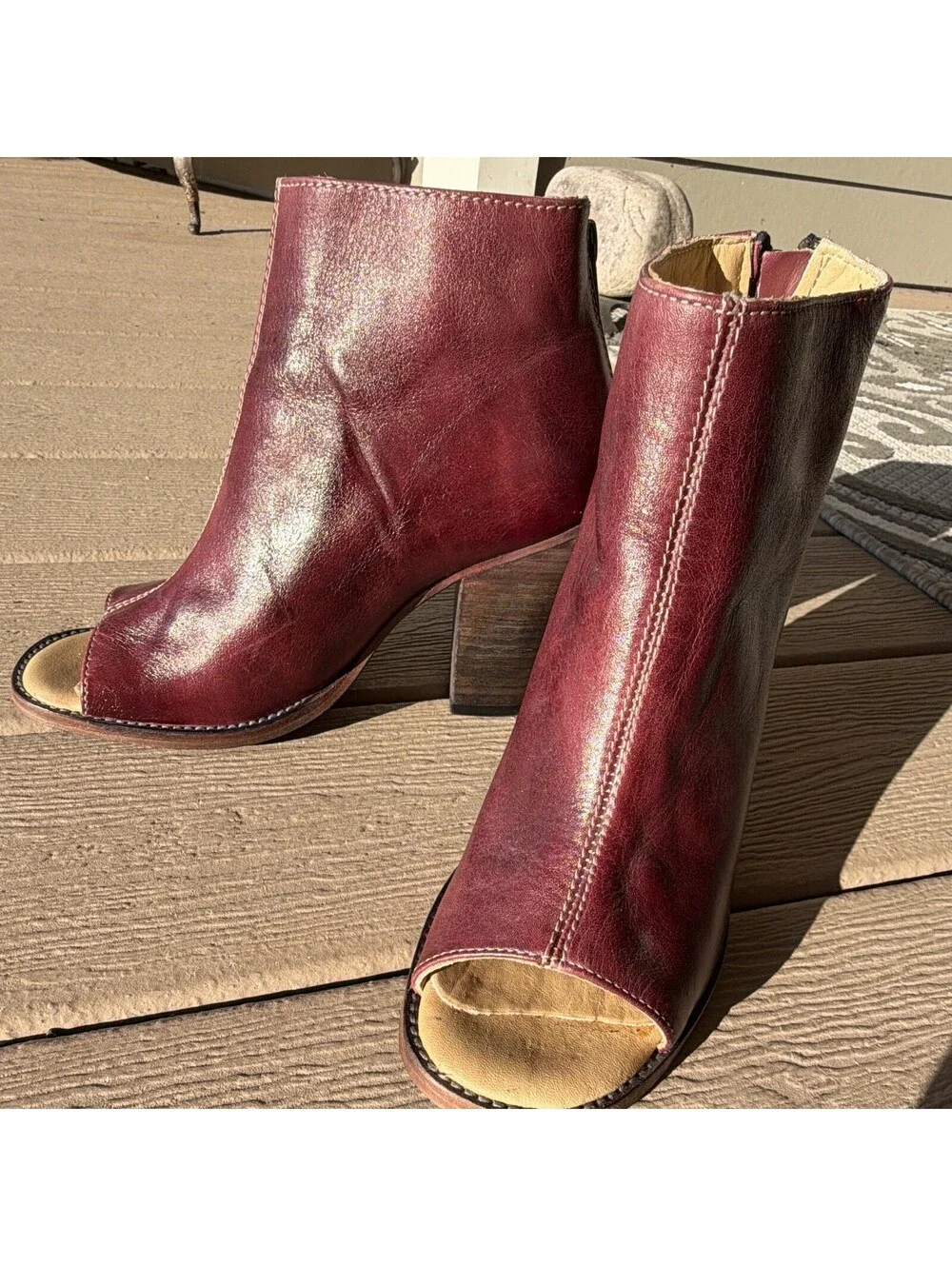 Bed Stu Womens Burgundy Leather Open Toe Zip Ankle Bootie Handmade US 8.5